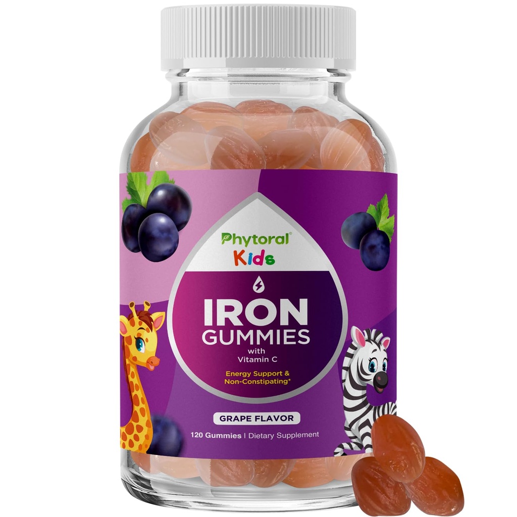 Gommies de fer avec vitamine C pour les enfants - Suppléments de fer pour les enfants avec douceur pour renforcer l'immunité et le soutien énergétique - Vitamine B6, B12, A, Niacine & Gommies de folate - Vegan & OGM -120 Compte