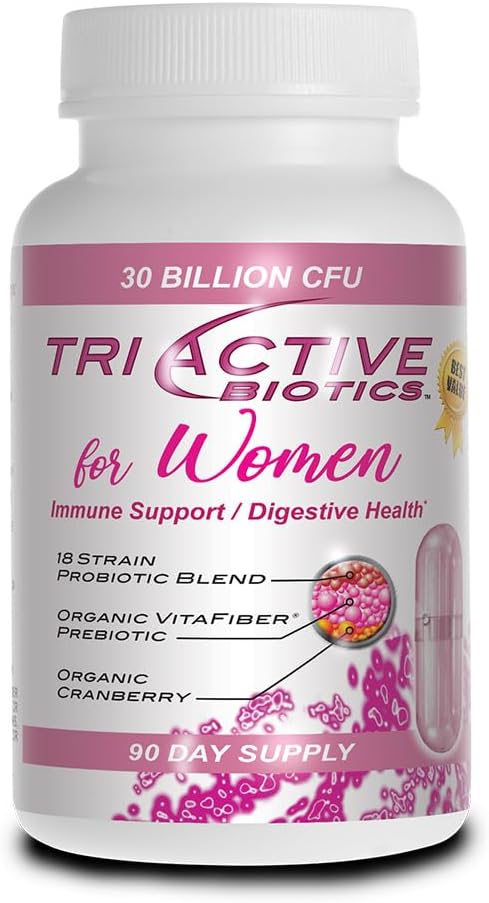 Essentiële Bron Triactieve Biotica voor vrouwen - Probiotica voor vrouwen met 18 Strains, Organische VitaFiber Prebiotica & Cranberry aan Digestieve Ondersteuning, Immune Defense, Urinaire, Vaginale Gezondheid - 90 Capsules