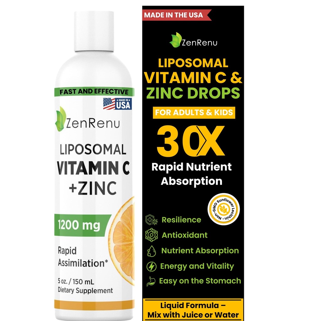 Zenrenu Liposomale Vitamine C en Zink Liquid Drank voor volwassenen en kinderen - Niet GGO Zonnebloemlecitijn - Max Antioxidant & Immune Support, 5 oz / 150 ml