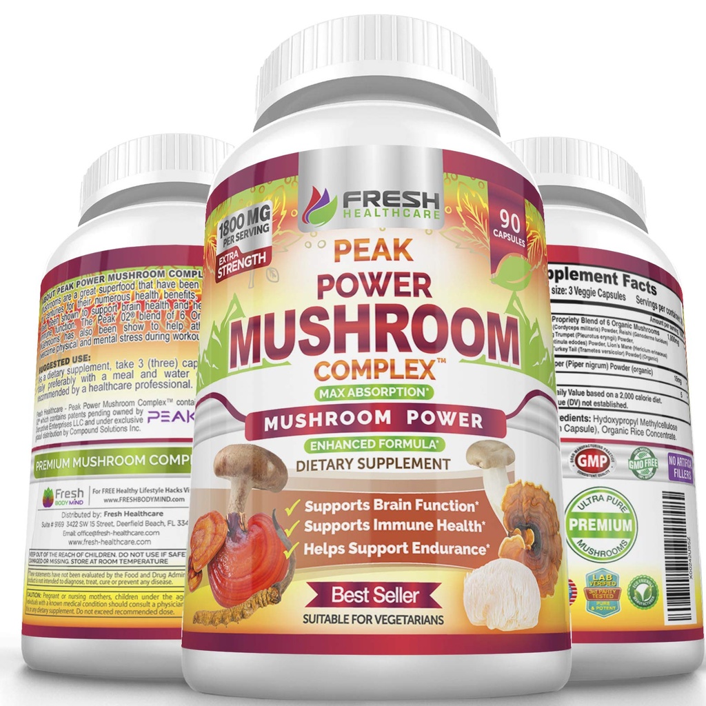 Supplément pour champignons - Lions Mane, Cordyceps, Reishi, Turkey Tail et Shitake - Immune et soutien du cerveau - Supplément pour champignons Peak Power - 90 Capsules Vegan