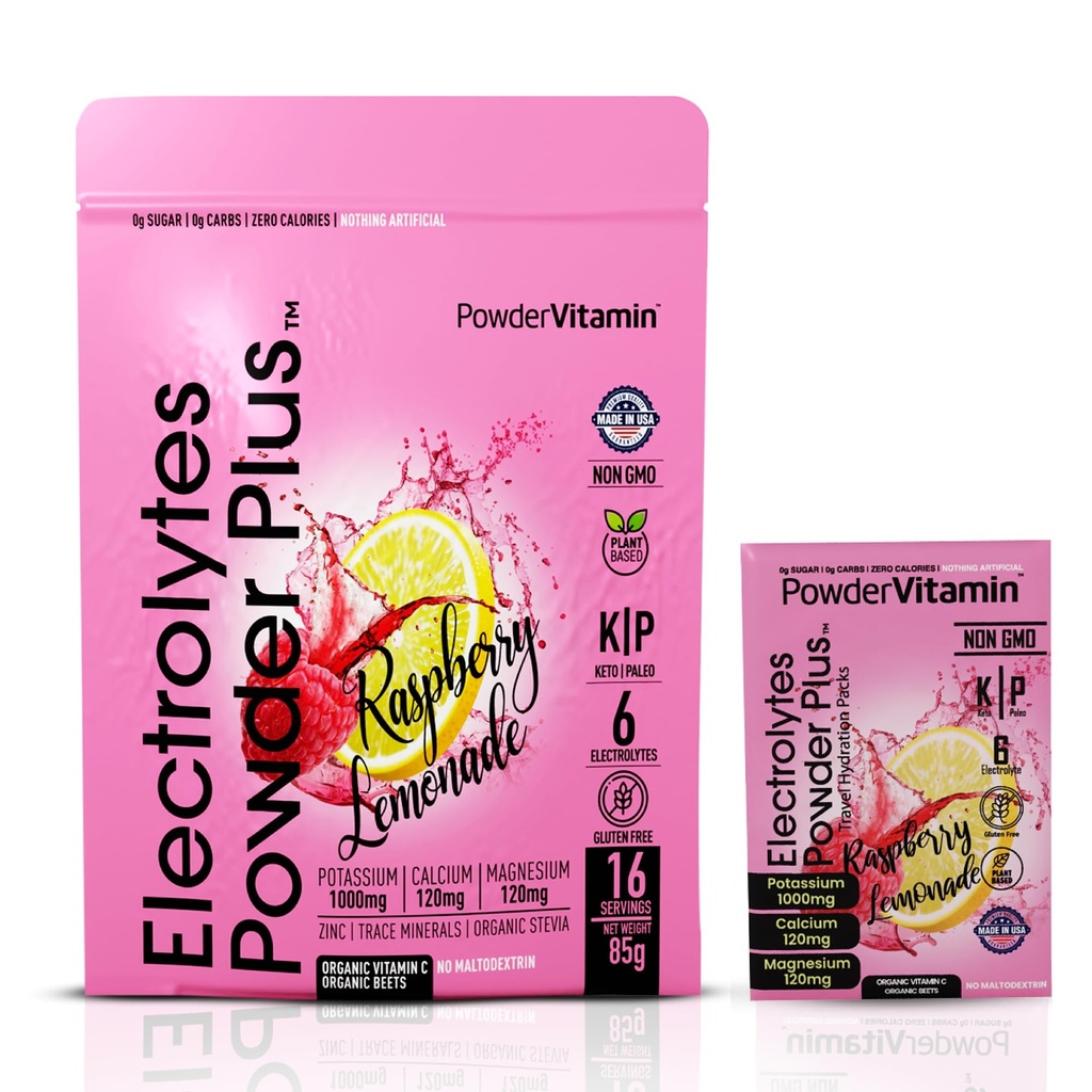 PowderVitamin Electrolytes Powder Plus, Keto, Raspberry Lemonade, Sugar Free, Pink Himalayan Salt, 1000mg Potassium, 120mg Calcium, 120mg Magnesium, Non-GMO, Zero Calories, (16 Hydration Packets)