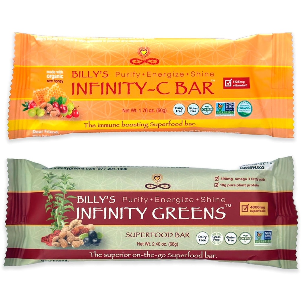 Infinity Greens Bundle, 1 Box Green Superfood Bars (12 Pack), 1 Box Biologische Vitamine C Snack Bars (12 Pack)