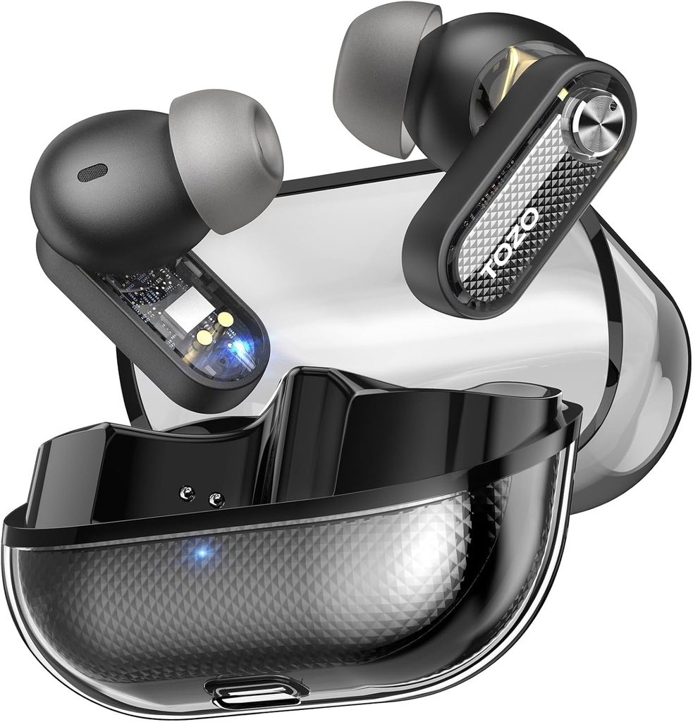 Tozo Crystal Pods Hybrid Active Noise Annulant les écouteurs sans fil, 10mm Pilotes Deep Bass Stereo Sound, 4 Mics Smart ENC AI Appels, 32 EQ via l'application, Bluetooth 5.4 Casques, conception de boîtier en cristal