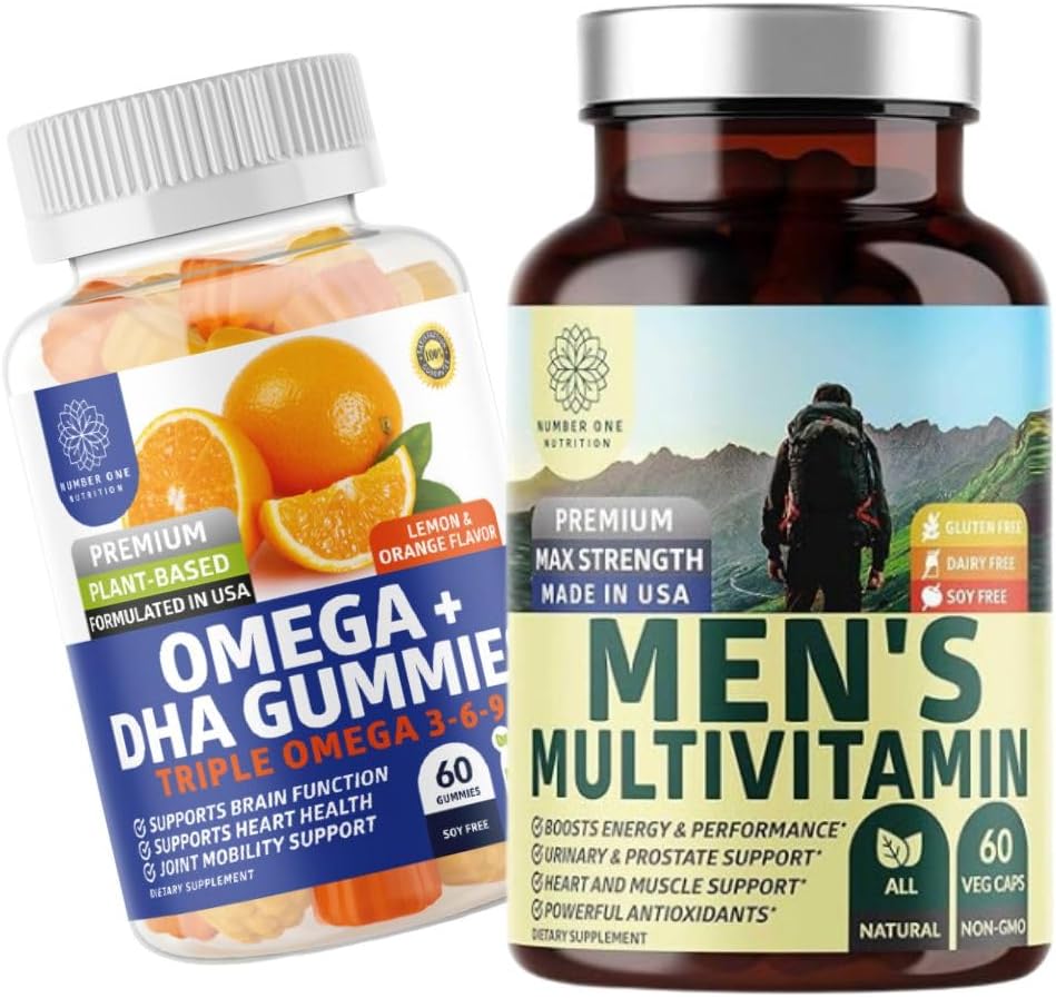 Number One Nutrition N1N Premium Mannen Dagelijkse Multivitamine [Vitaminen A C E D, Magnesium, Zink] en Omega 3 6 9 + DHA Gummies [Vegan, Plant Based], 2 Pack Bundle