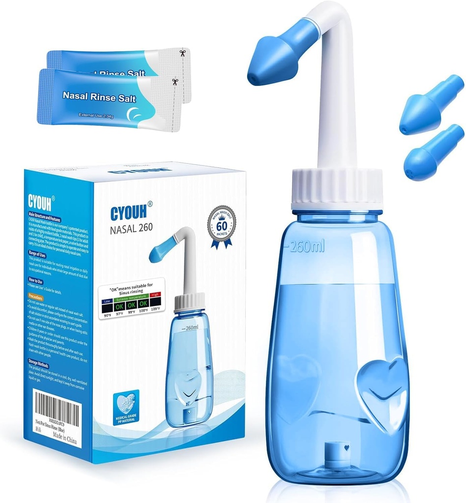 Neti Pot Sinus Sinse Bottle 260 ML met 60 Nasal Wash Salt Packets en Sticker Thermometer Neus Wash Cleaner Pressure Rinse Neus Irrigatie voor volwassen & Kid BPA Free (blauw)