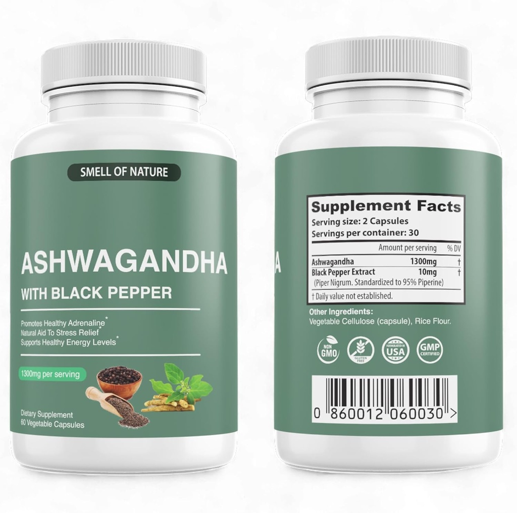 De natuur ruikt biologische Ashwagandha supplementen met zwarte peper Extract - 1300mg Pure Ashwagandha Extract - Energie Ondersteuning - Non-GMO, Glutenvrije, Vegan - 60 Capsules