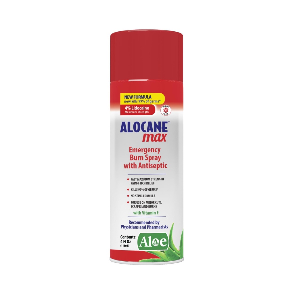 ALOCANE Max Burn Spray, Lidocaine Spray Maximum Strength with Antiseptic, 4% Lidocaine, Fast Pain Itch Relief, Cuts, Scrapes, First-Degree Burns, First Aid Treatment, After Sun-Spray, 4 Fluid Ounce
