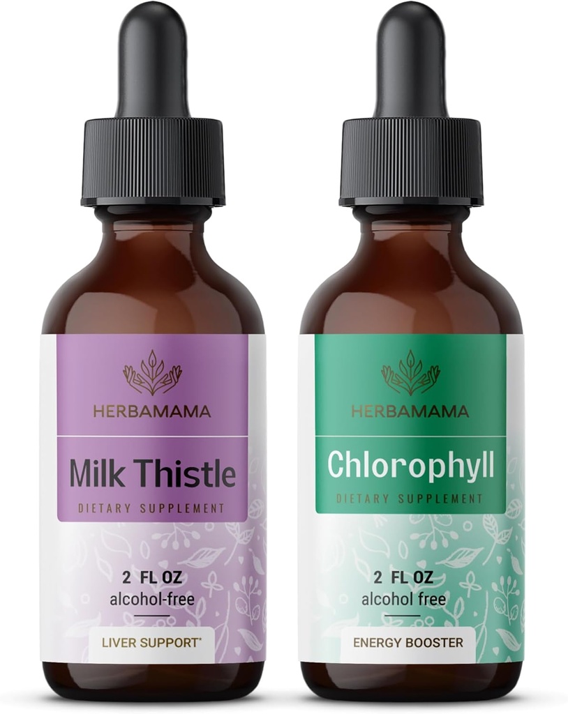 HERBAMAMA Herbal Liquid Drops Kit - Bundle of Milk Thistle Extract 2 fl oz en Liquid Chlorofyl 2 fl oz - Vegan Supplement Liquid Extract - Non GMO, Sugar & Alcohol-Free - 2 Pack