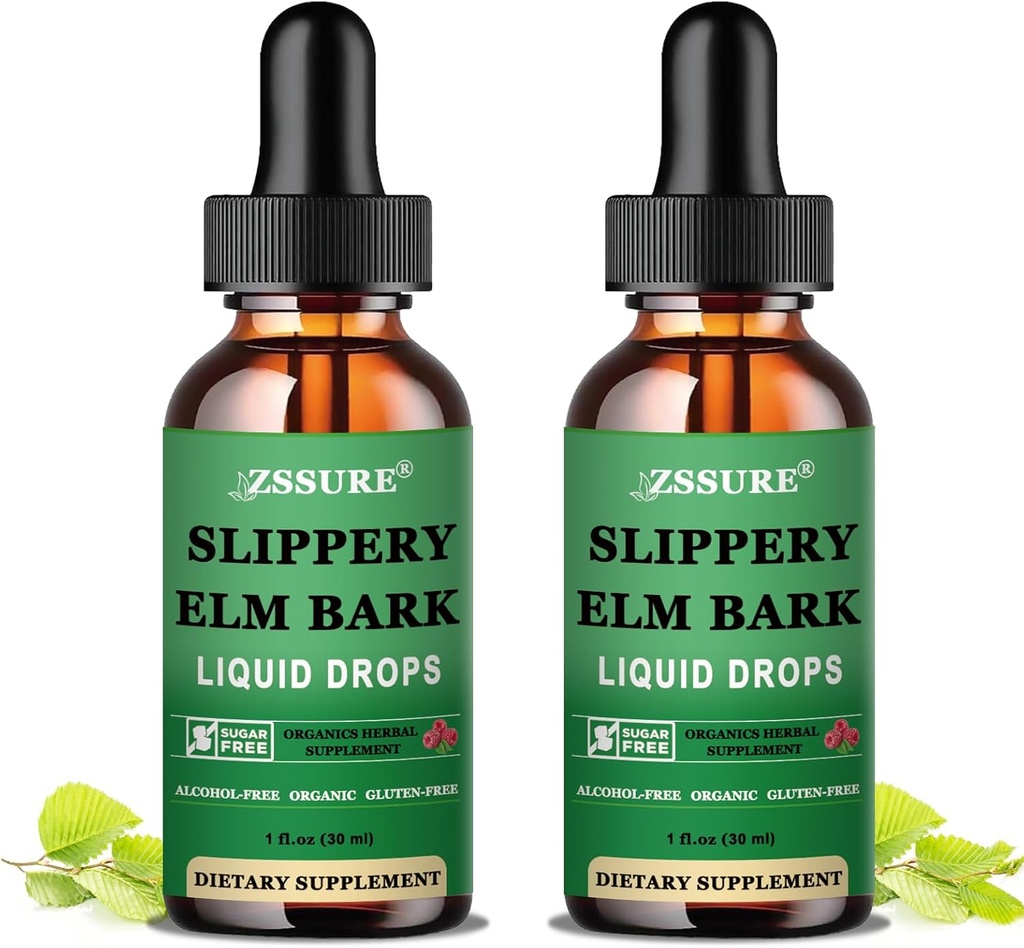 (2 Pack) Slippery Elm Bark Liquid Drops, Pure Organic Slippery Elm Extract 1000mg for Digestive Gut Health, Liquid Slippery Elm Tinctuur Kruidensupplement, Vegan, Alcoholvrij, Non-GMO, Glutenvrij