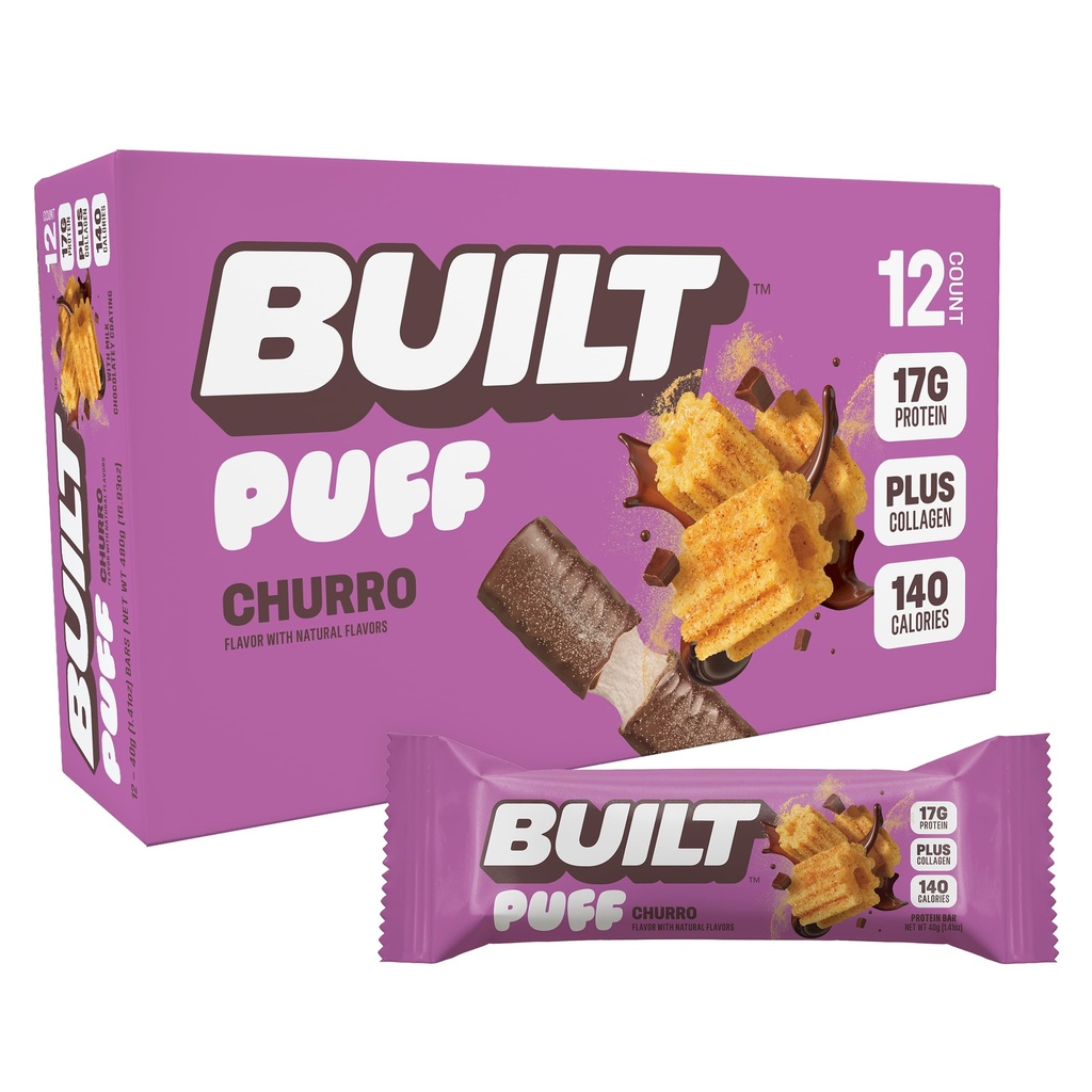Built Bar, Puff Protein Bars, Churro Puff, 17g Protein Snacks, On-The-Go Bars, Slechts 140 Calorieën & 6g Suiker, Collageen, Glutenvrij, 12 Tellen