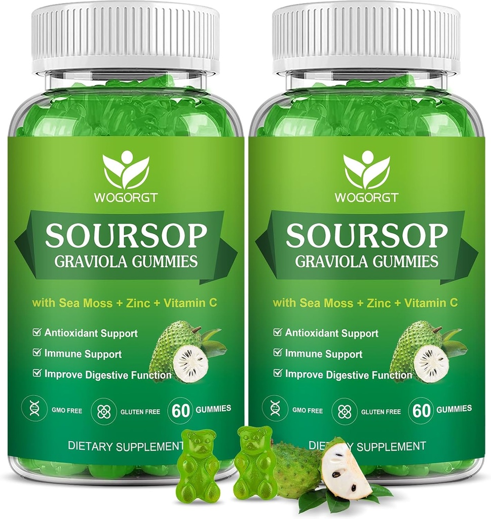 Soursop Graviola Gummies with Sea Moss Extract - Antioxidant, Cell Support & Regeneration, Immune Support, Soursop Gummy with Sea Moss, Vitamine C & Zink, Apple Flavor - 60 Gummies(2 Pack)