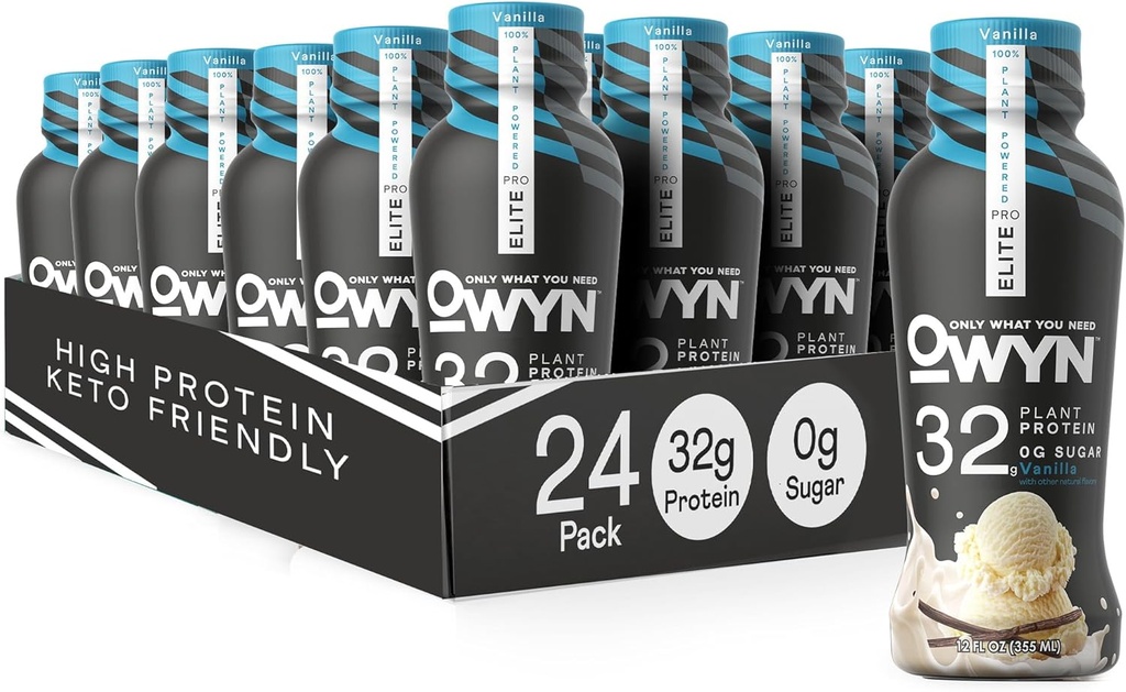 OWYN Only What You Need Pro Elite Vegan High Protein Keto Shake, 32g Proteïne, 9 Aminozuren, Omega-3, Prebiotica, workout en herstel, 0g Net Carbs, Zero Sugar (Vanilla, 12 Fl Oz (pakket van 24)