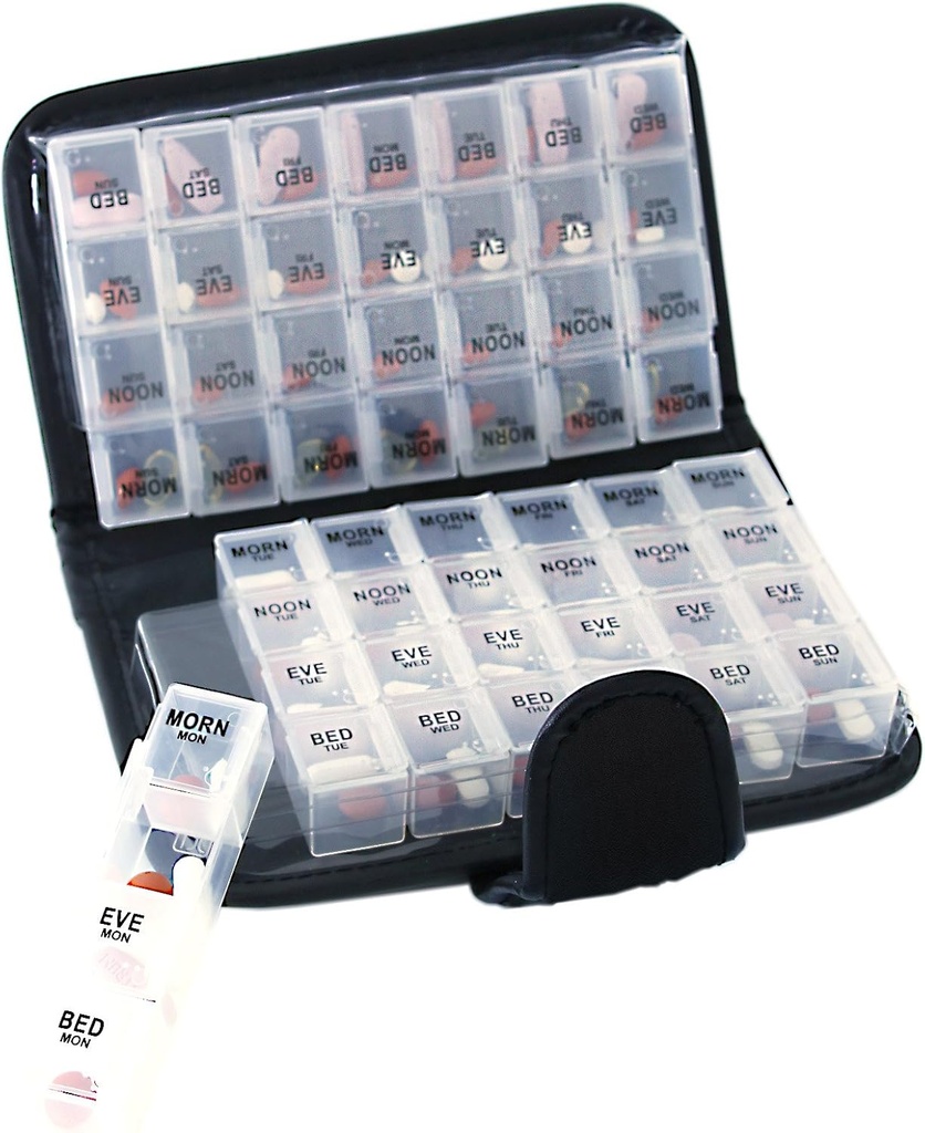 Smart Essentials 14 dagen pil & vitamine Organizer 2 weken AM/PM 4 Doses a Day Travel Case Handig & Draagbaar, Zwart, GM8283