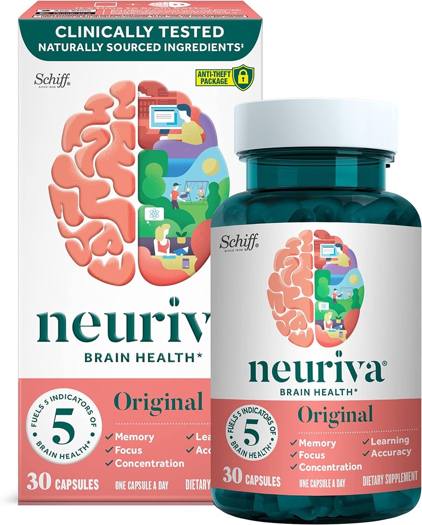 NEURIVA Original Brain Supplement for Memory, Focus & Concentration + Learning & Accuracy with Clinically Tested Nootropics Fosfatidylserine and Neurofactor, Cafeine Free, 30ct Capsules