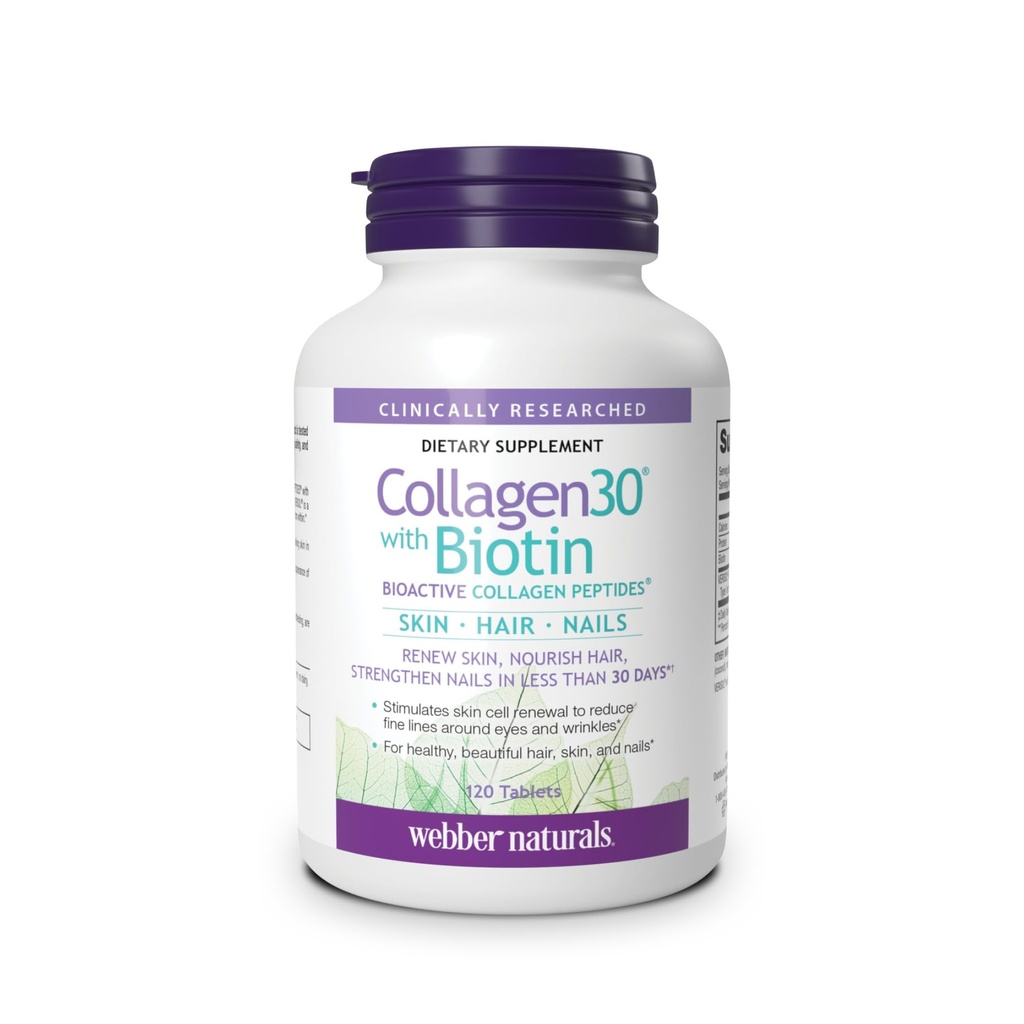 Webber Naturals Collageen30 met Biotine, 2.500 mg Bioactive Collageen Peptiden met 5.000 mcg Biotin Per Serving, 120 tabletten, Voor geavanceerde voeding van huid, haar en nagels, zuivel en glutenvrij