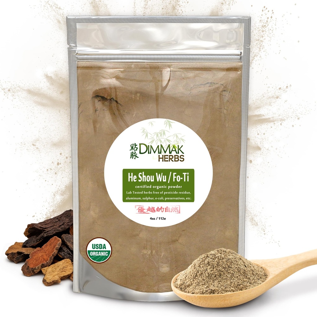 Graines de dimmak Fo Ti bio Poudre d'herbes chinoises crues - Cure/préparée USDA biologique He Shou Wu (Polygonum Multiflorum Preperata) Ajouter à l'eau ou smoothie 1 4oz/112g Sac