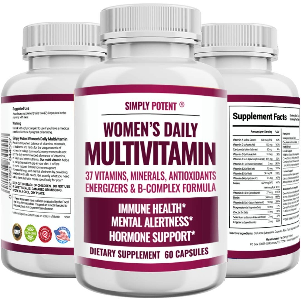 Multivitamine voor vrouwen, 37 Multivitaminen met mineralen, Vitaminen A C D E, Biotine, B12, Folaat, Zink, Magnesium, Calcium, Groene Thee voor haar, huid, nagels, energie, Immune & Hormone Support, 60 Capsules