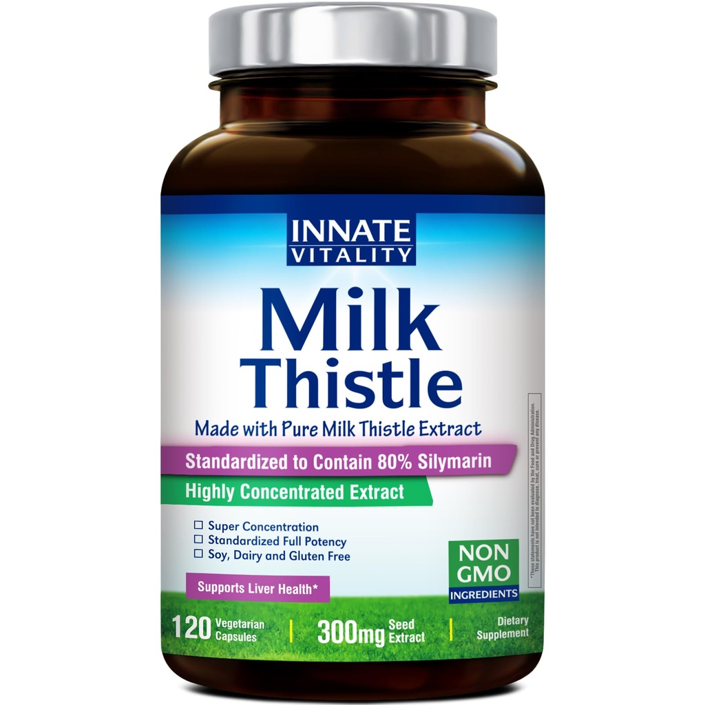 Vitalité innée supplément de chardon de lait biologique, 300mg extrait, 80% silymarin flavonoïdes, santé du foie, détox & nettoyage, fabriqués aux États-Unis, non-OGM, 120 capsules de légumes