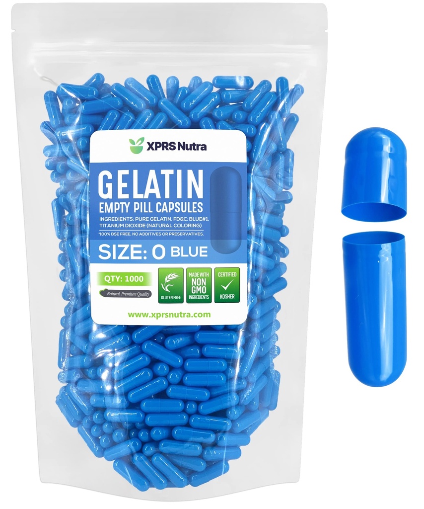 XPRS Nutra Formaat 0 Lege capsules - Lege Gelatine Capsules - 1000 Tel DIY Capsule Vulling - Pure Bovine Pill Gel Caps for Do-It-Yourself Supplements (Blue)