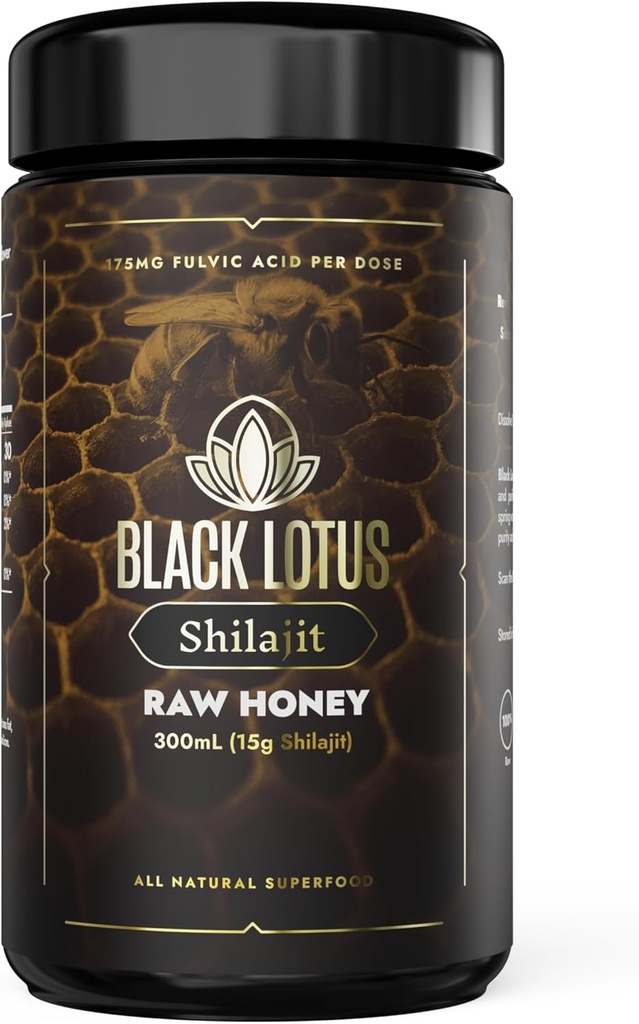 Black Lotus Pure Shilajit Resin Raw Honey Liquid Tinctuur, 300ml, 100% Pure Natural Shilajit voor mannen en vrouwen, Aminozuren, 175mg Fulvinezuur, 85 Ionische sporen Mineralen, Voor Immune Ondersteuning, Focus, Energie