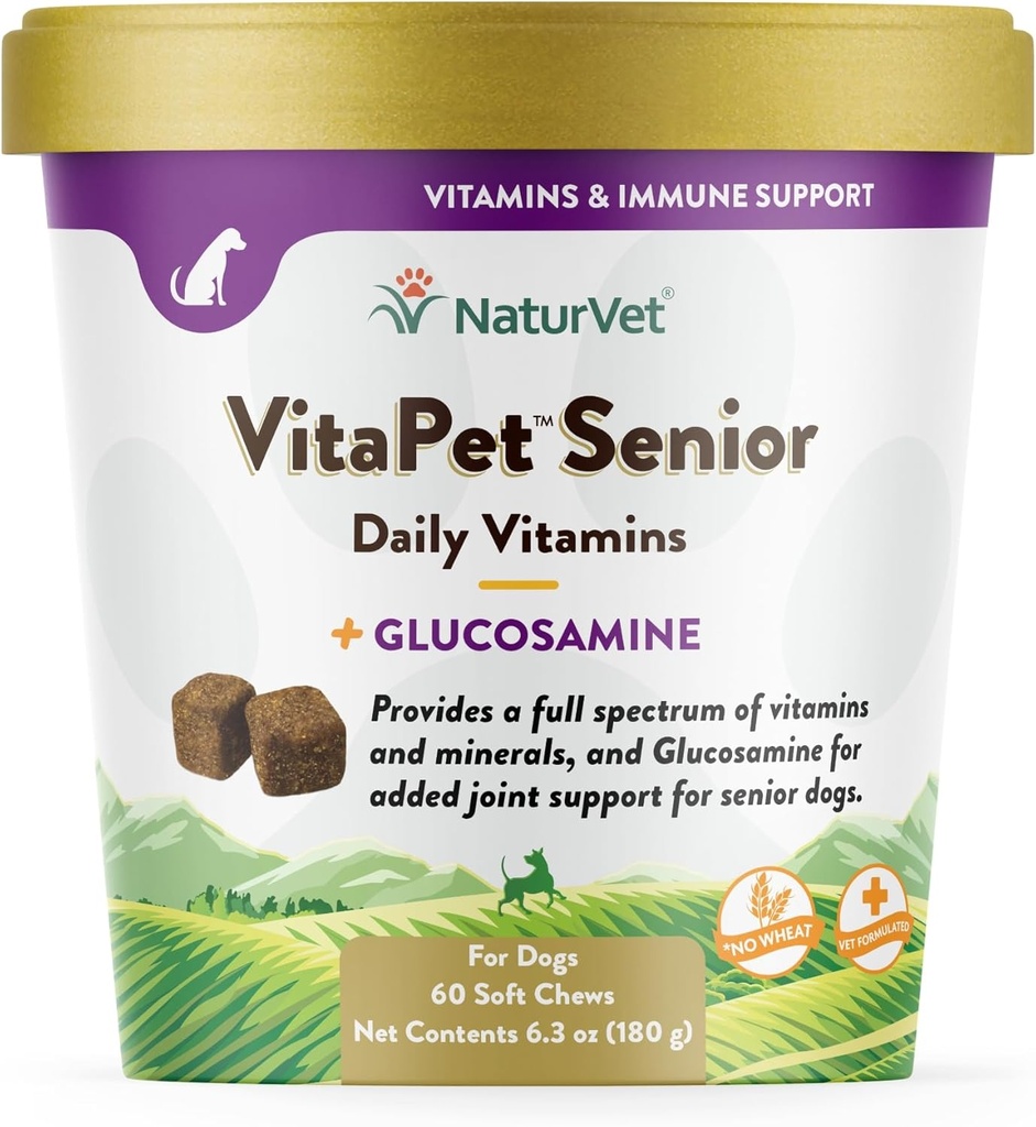 NaturVet VitaPet Senior Daily Vitamines Plus Glucosamine voor honden, 60 ct Zachte Kauwen, Made in The USA with Globally Source Ingrediënten
