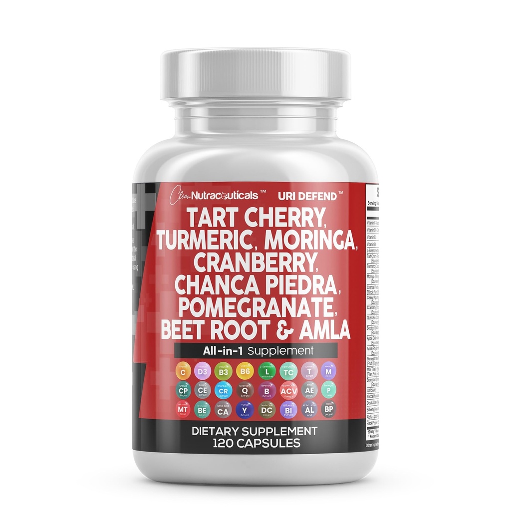 Clean Nutraceuticals Tart Cherry Extract Capsules met Kurkuma Moringa Cranberry Chanca Piedra Selderij Quercetine ACV Granaatappel L Selenomethionine - Urische niveaus - 120 Ct