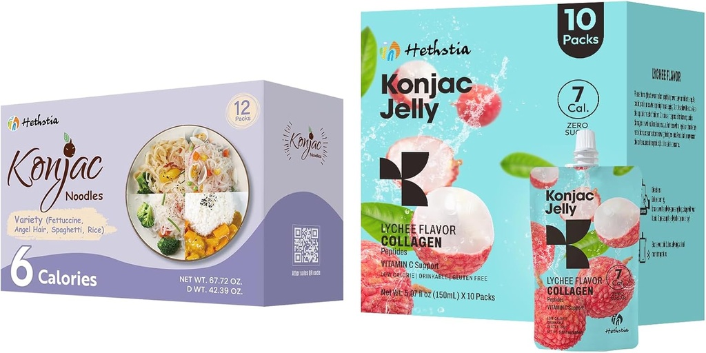 Hethstia Konjac Jelly Lychee Flavor met Collageen Peptides 10 Packs en Konjac Noodles Variëteit Glutenvrij 12 Packs Lage Calorie, Keto, Suikervrij, Gezond Eten