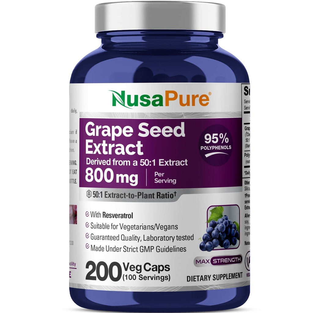 Extrait de graines de raisin NusaPure 40 000mg par bouchon, 200 Capsules Vegan, Standardisé, Non-OGM, Sans gluten, Resvératrol