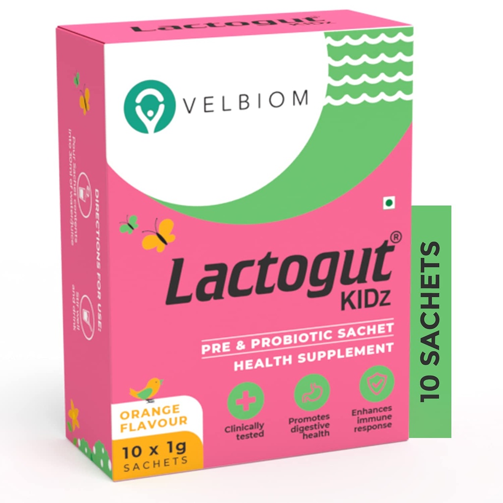 Lactogut Kidz Probiotica Poeder voor kinderen Eenvoudig te consumeren Probiotica voor kinderen Gut Health, Algemene Wellness en Immuniteit Vegan klinisch bewezen - 1Gx10 Sachets (Orange Flavour)
