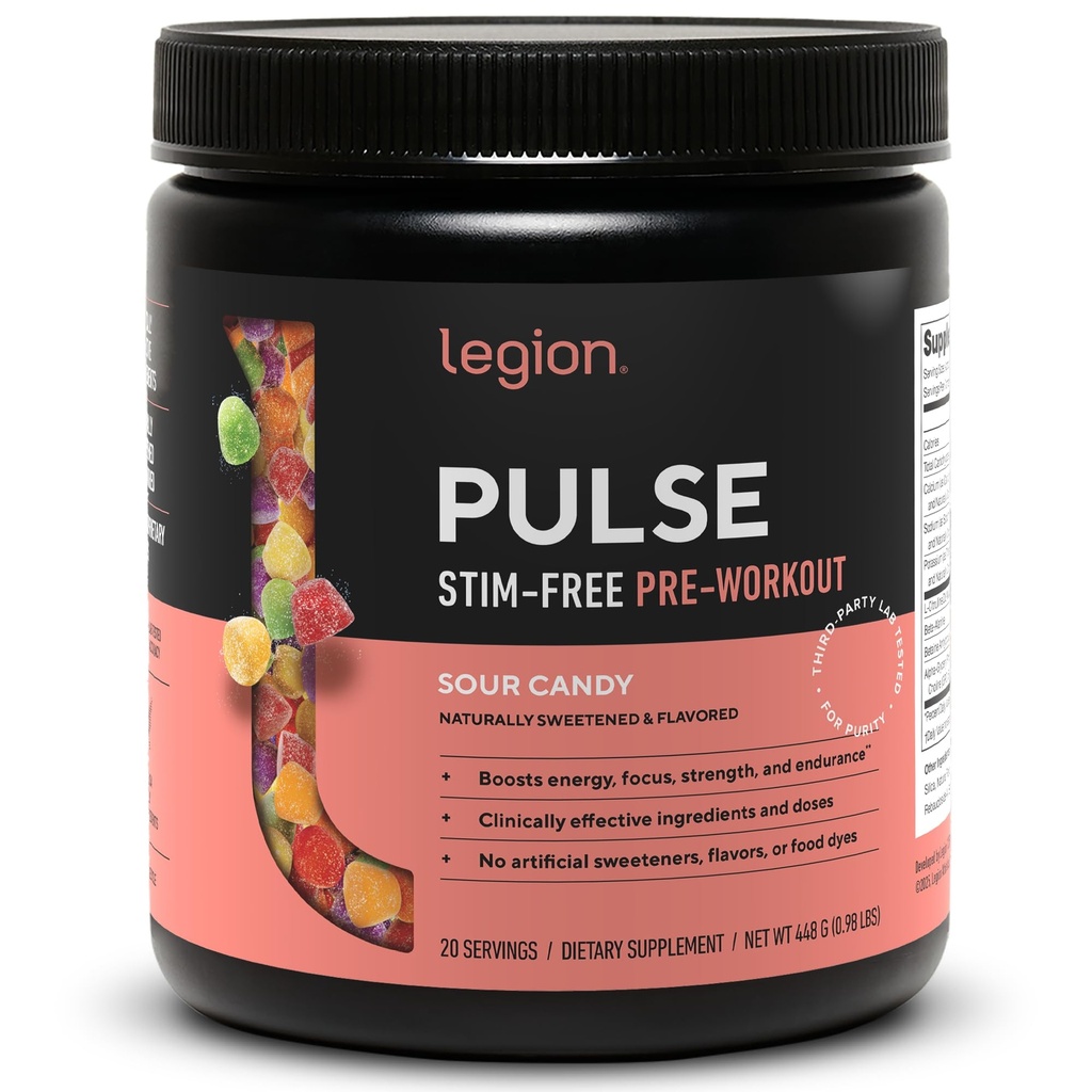 LEGION Pulse Pre Workout Supplement - Alle natuurlijke Nitric Oxide Preworkout Drink om energie te stimuleren, Createine Free, natuurlijk zoet, Beta Alanine, Citrulline, Alpha GPC (Caféine Free Sour Candy)