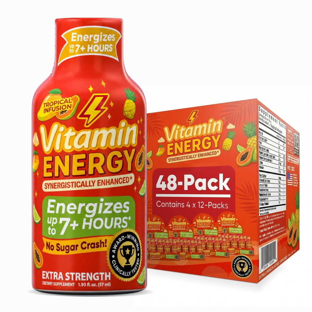 Vitamine Energy Focus+ Extra Strength Energy Shot Tropical Infusion 48 Pack, 260mg Caféine naturelle, B-Vitamines, CoQ10, Acides aminés, Focus, Productivité et Clarté, Zéro Sucre, Sans gluten, 1.93 fl oz