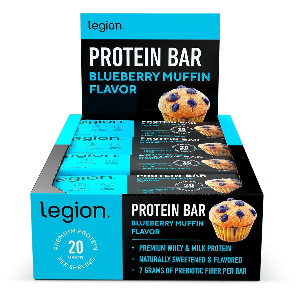 Legioen Proteïne Bar Blueberry Muffin - 100% Wei Proteïne, Sojavrije Proteïne Bars met Prebiotic Fiber - Lage Vet Gezonde Proteïne Bar - Glutenvrij, Natuurlijk Gearomatiseerd, Lage Suiker Proteïne Bars (12 Tellen)