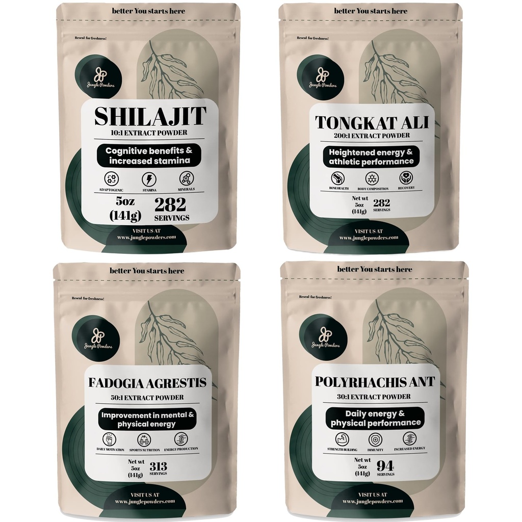Jungle Powders Kruidenpoeders Bundel - Shilajit Powder, Tongkat Ali for Men Powder, Black Ant Extract Powder, Fadogia Agrestis Extract for Men Supplement
