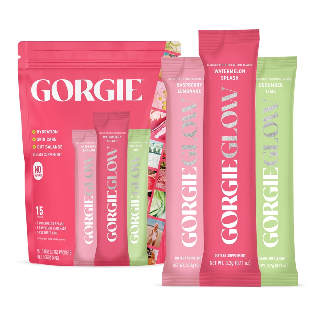 GORGIE Glow Variety Pack 15 Sticks, Electrolyte Powder Healthy Drink Mix, w/Hyaluronic Acid, Aquamin, Vitamine C & D, Probiotica, Geen Suiker, Antioxidanten voor Hydratatie, Huidverzorging en Gut Balance