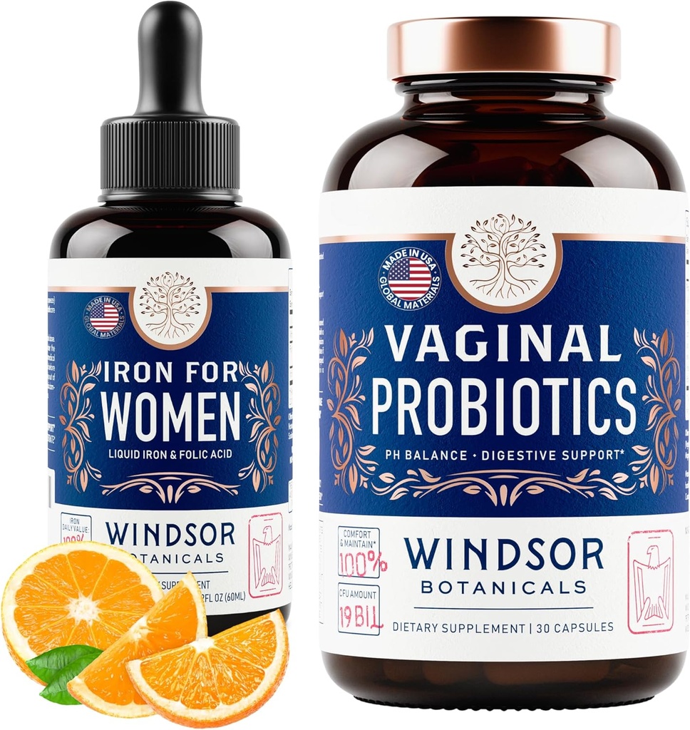 BOTANIQUES DE WINDSOR Probiotiques vaginaux et supplément en fer liquide Ensemble de soutien à la santé des femmes