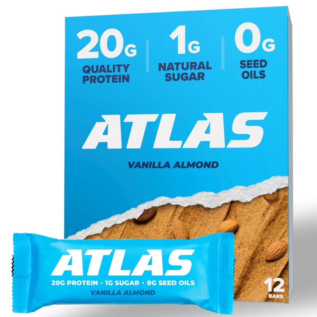 Atlas Proteine Bar, 20g Proteïne, 1g Suiker, Schoon Ingrediënten, Glutenvrij, Vanille Amandel (12 telling, verpakking van 1)