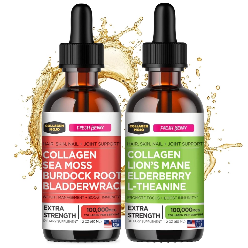 Collagen Mojo Peptides de collagène liquide avec la mousse de mer, la racine de lard et la bradderwrack + Peptides de collagène liquide avec le champignon Lions Mane, Elderberry & L-Theanine