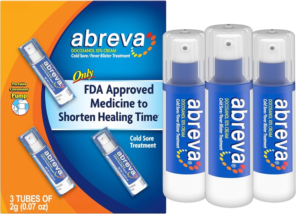 Abreva Docosanol 10% Cream Cold Sore Treatment, Koorts Blister en Cold Sore Cream - 0,07 Oz Pump Fles x 3