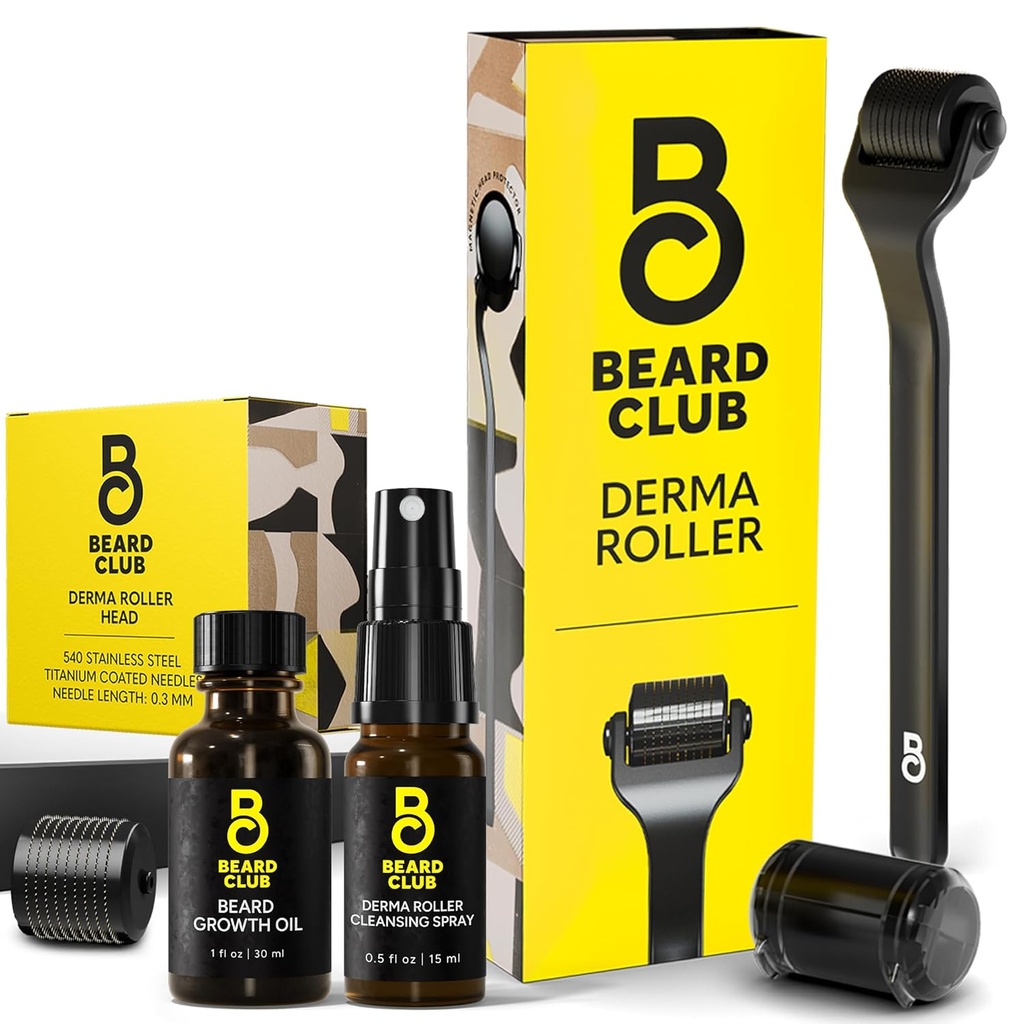 De Baard Club Derma Roller, Baard Groei Olie, Clensing Spray & Vervangingskop - Microneedling Roller met 540 Titanium Micronezen voor Gezicht, Lichaam en Scalp - Baardroller met Sandalwood Baard Olie
