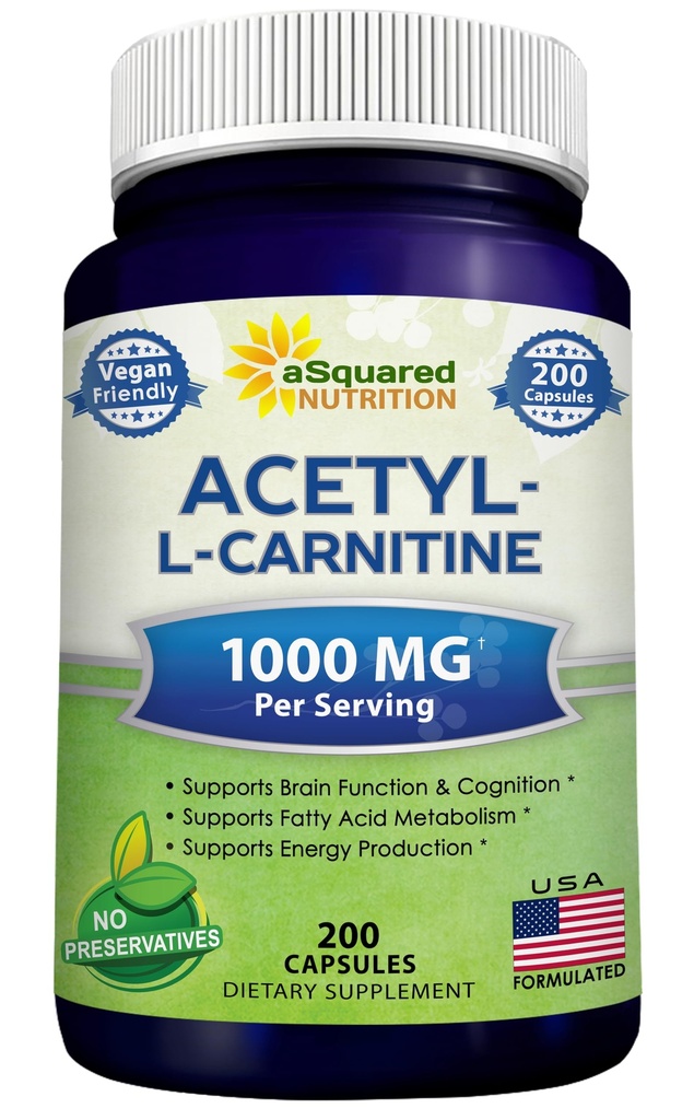 aSquared Nutrition Acetyl L-Carnitine 1000mg Max Strength - 200 Capsules de Veggie - Pilules de supplément à haute dose Acetyl L Carnitine HCL (ALCAR) pour soutenir l'énergie pure, la fonction cérébrale et l'acide gras