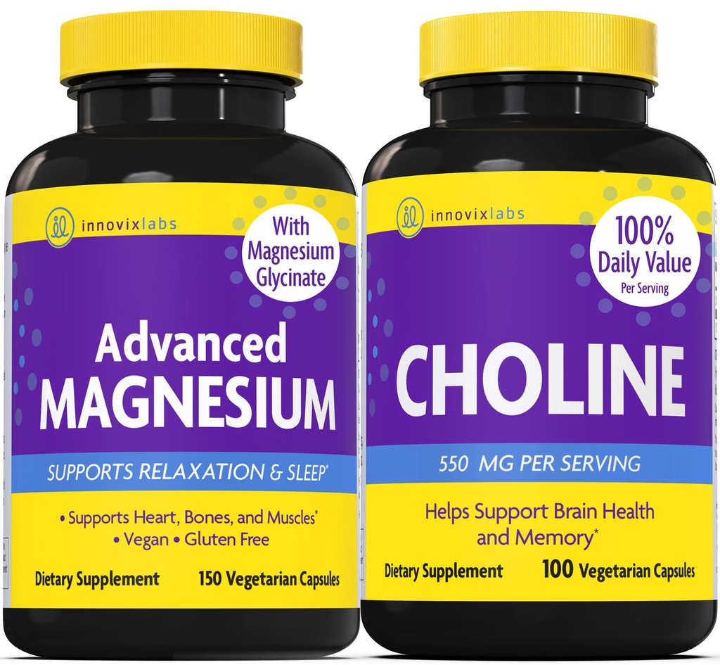 InnovixLabs Choline & Magnesium Bundle Choline Bitrate 550 mg (100 capsules) Advanced Magnesium (150 capsules). Ondersteunt Memory, Mood, Brain Health & Boost Cognitive.*
