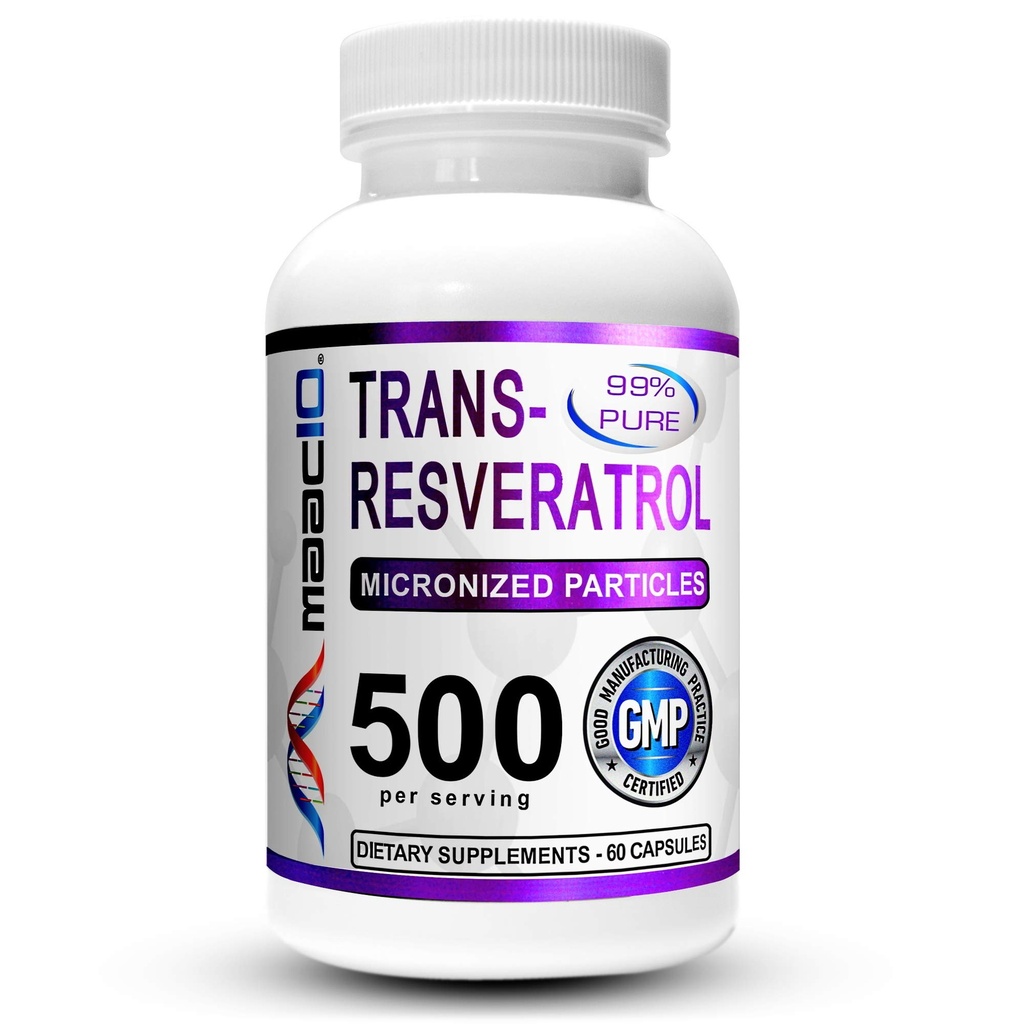 MAAC10 Trans Resveratrol 500mg Supplement (Micronized Pharmaceutical Grade 99% Pure Trans-Resveratrol Extract + BioPerine for Superior Absorptie) (2X 250mg Capsules 60ct)