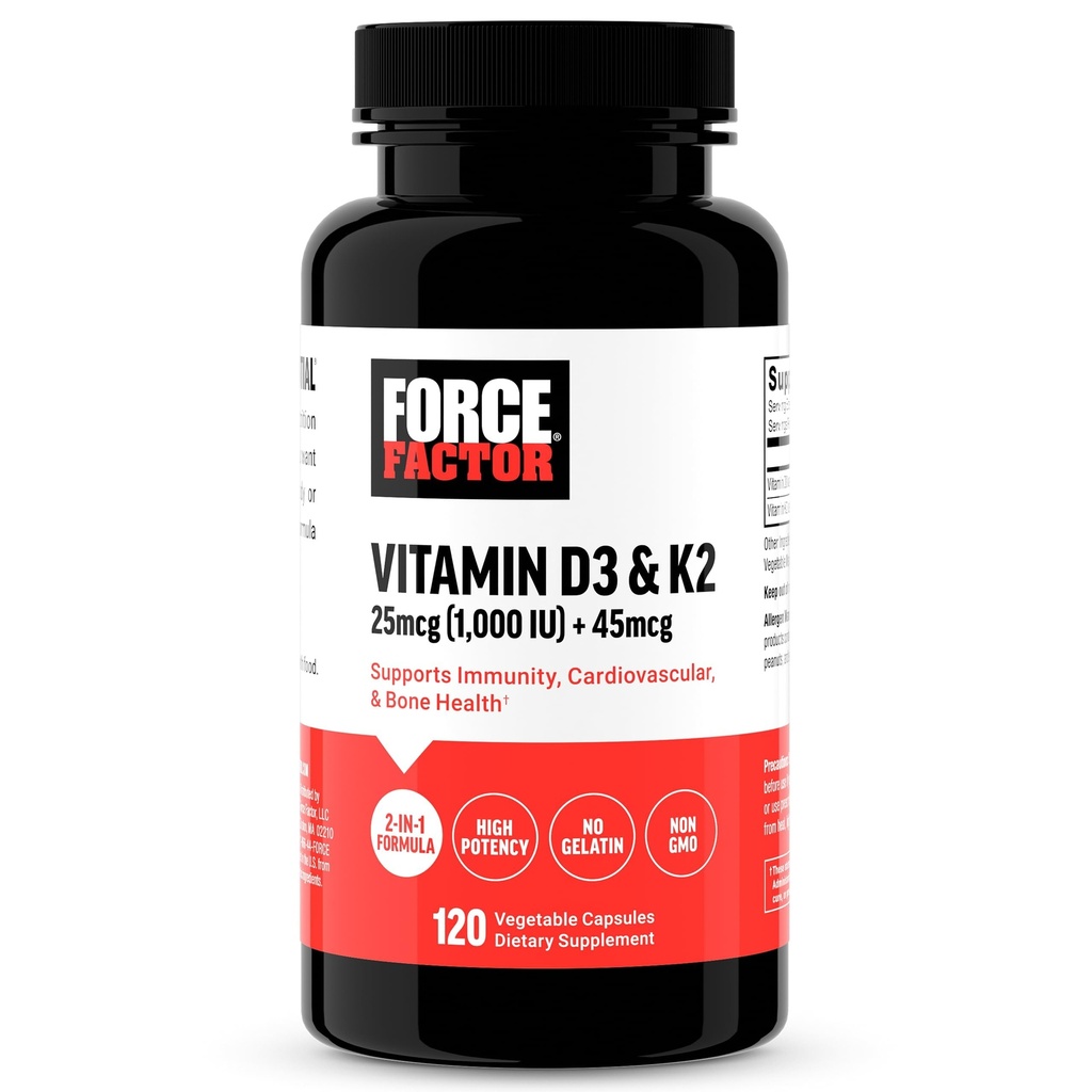 FORCE FACTOR Vitamine D3 K2 ter ondersteuning van Immuniteit, Hartgezondheid, Bone Support, en meer, High-Potency 2-in-1 Formula, Vegan, No Gelatine, Non-GMO, 120 Capsules