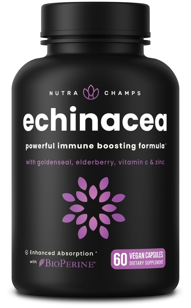 NutraChamps Echinacea Capsules 1000mg - Supplément de soutien immunitaire 8-en-1 - Echinacea Goldenseal, Vitamine C, Zinc, Ginger, Elderberry - 60 Capsules
