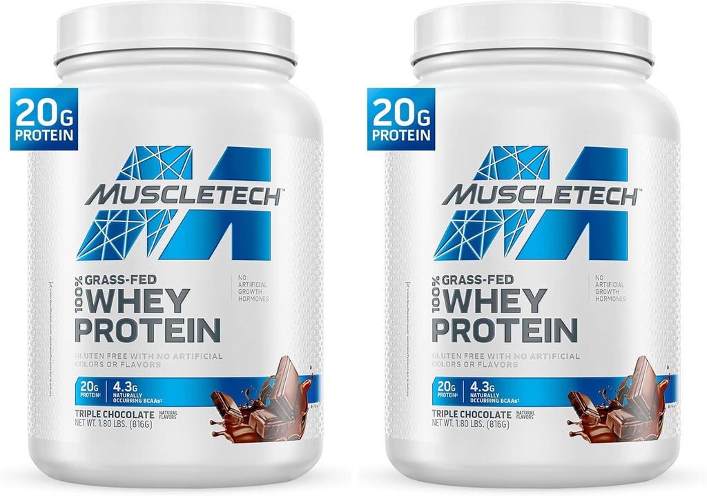 MuscleTech Grass Fed Whey Protein Powder for Muscle Gain, Growth Hormone Free, Non-GMO, Glutenvrij, 20g Proteïne + 4.3g BCAA, Triple Chocolate, 1.8 lbs (Pack of 2)