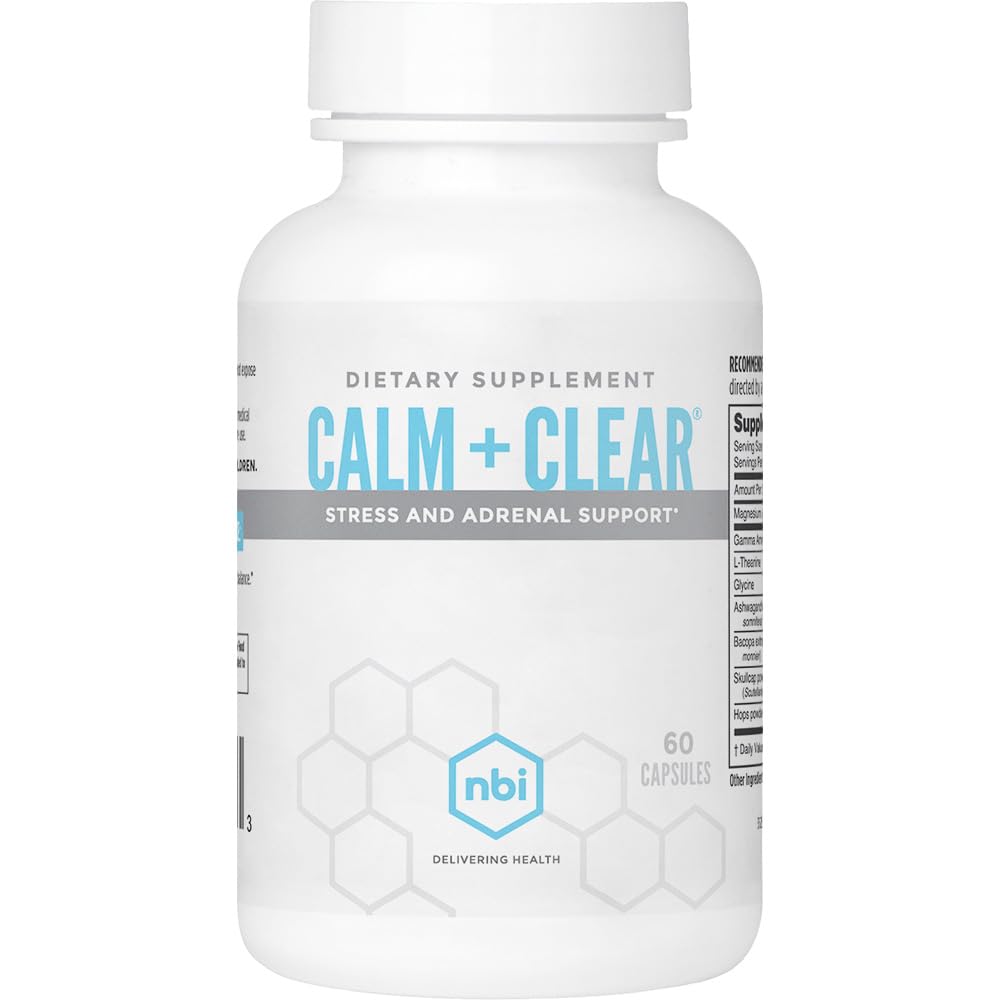 NBI Calm + Clear Mood et Focus Support de Stress naturel et support adrénal avec Magnésium, GABA, Ashwagandha, L-Theanine, Glycine, Bacopa, Skullcap et Hops Powder
