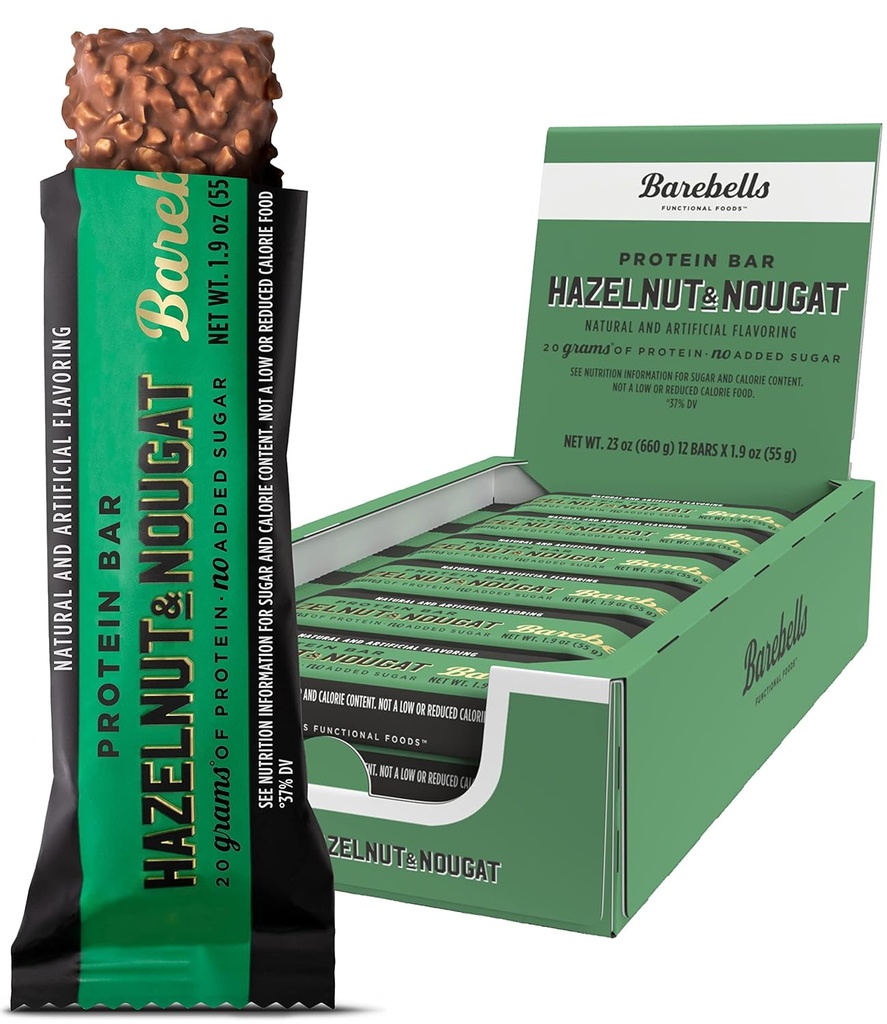 Barebells Protein Bars Hazelnut & Nougat - 12 Count, 1.9oz Bars - Proteine Snacks met 20 g hoog eiwit - Chocolade Proteine Bar met 1 g van Total Sugars - On The Go Proteine Snack & Breakfast Bars
