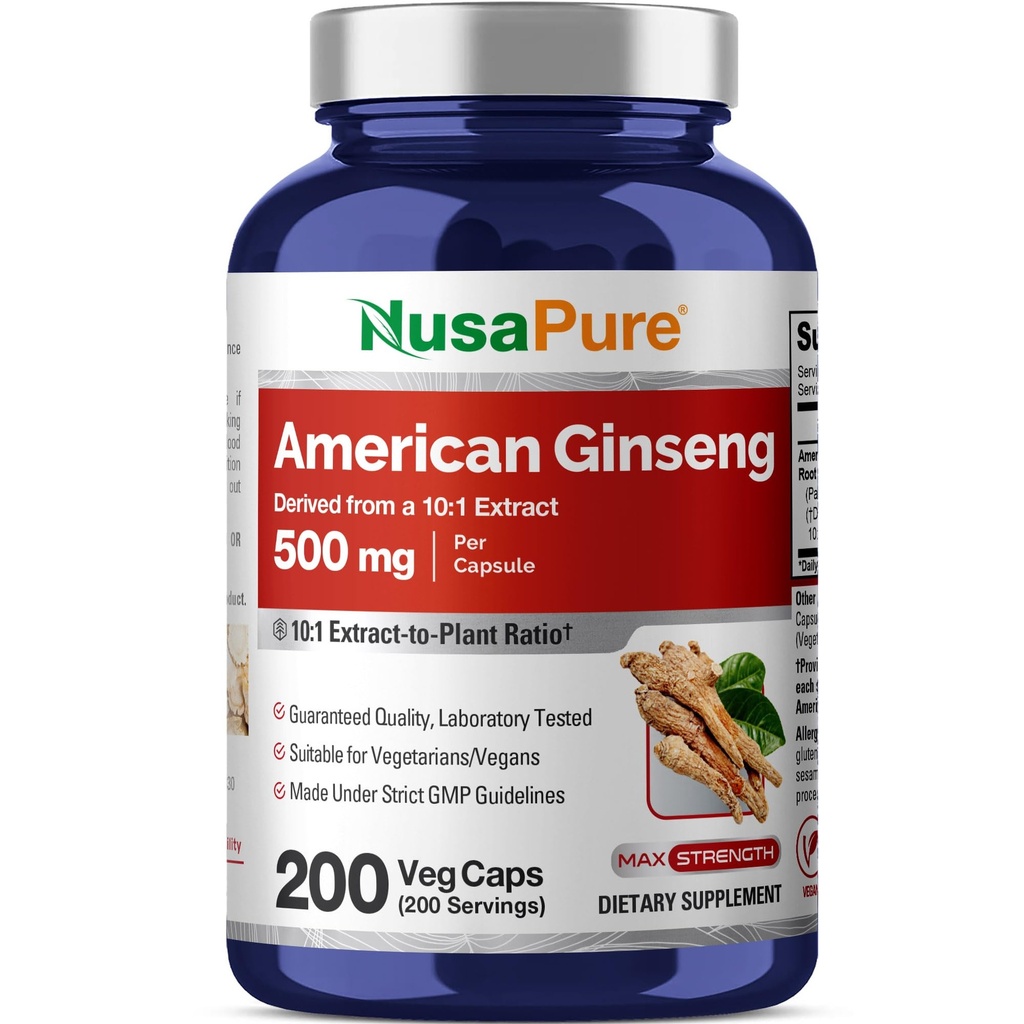 NusaPure American Ginseng Capsules, 500 mg, 200 Veg Capsules (Non-GMO, Vegan)