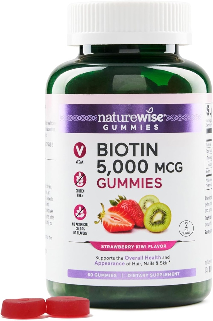 NatureWise Biotin Gummies - Ondersteunt gezond haar, huid en sterke nagels - Vitamine B7 5000mcg - Natuurlijke schoonheid - Aardbei-Kiwi Flavor - Veganistisch, Niet-GMO, Glutenvrij - 60 Tellen[30 Dagen Levering]