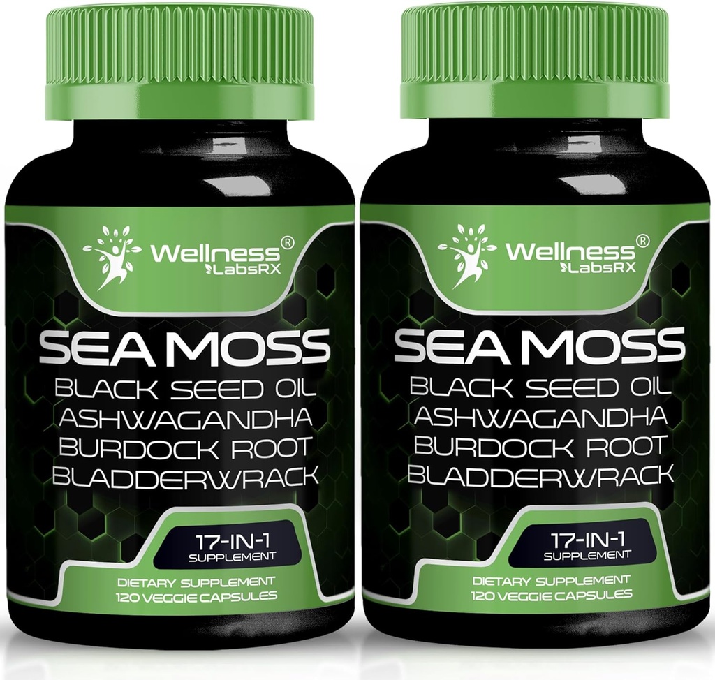 Irish Sea Moss Capsules, 17-in-1, Seamoss Black Seed Oil, 240 Telling, Ashwagandha Burdock Root Biologische Bladderwrack Capsules 
